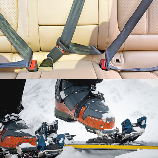 Split image: Top shows a car backseat with a fastened seatbelt; bottom shows a person securing a ski boot into a ski binding on snow.