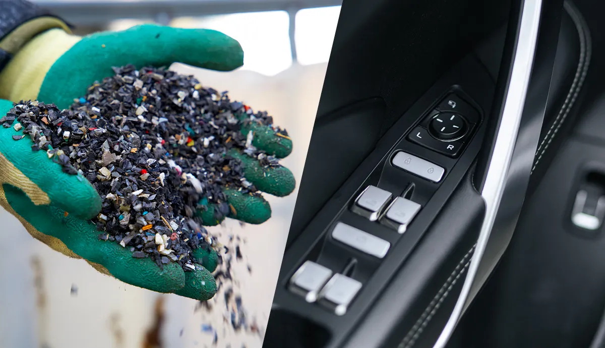 Split image: Left side shows a gloved hand holding colorful recycled plastic pellets; right side shows a close-up of black leather car door controls with metallic buttons.