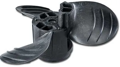 Black plastic boat propeller with three curved blades featuring longitudinal grooves and a cylindrical central hub, shown on a plain white background.