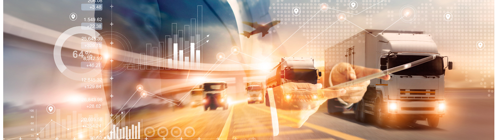 Double exposure of businessman and graph growth of business with world map of transportation and logistics network distribution and trucks of industrial cargo freight for shipping. import-export. 