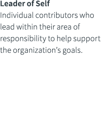 Leader of Self Individual contributors who lead within their area of responsibility to help support the organization’...